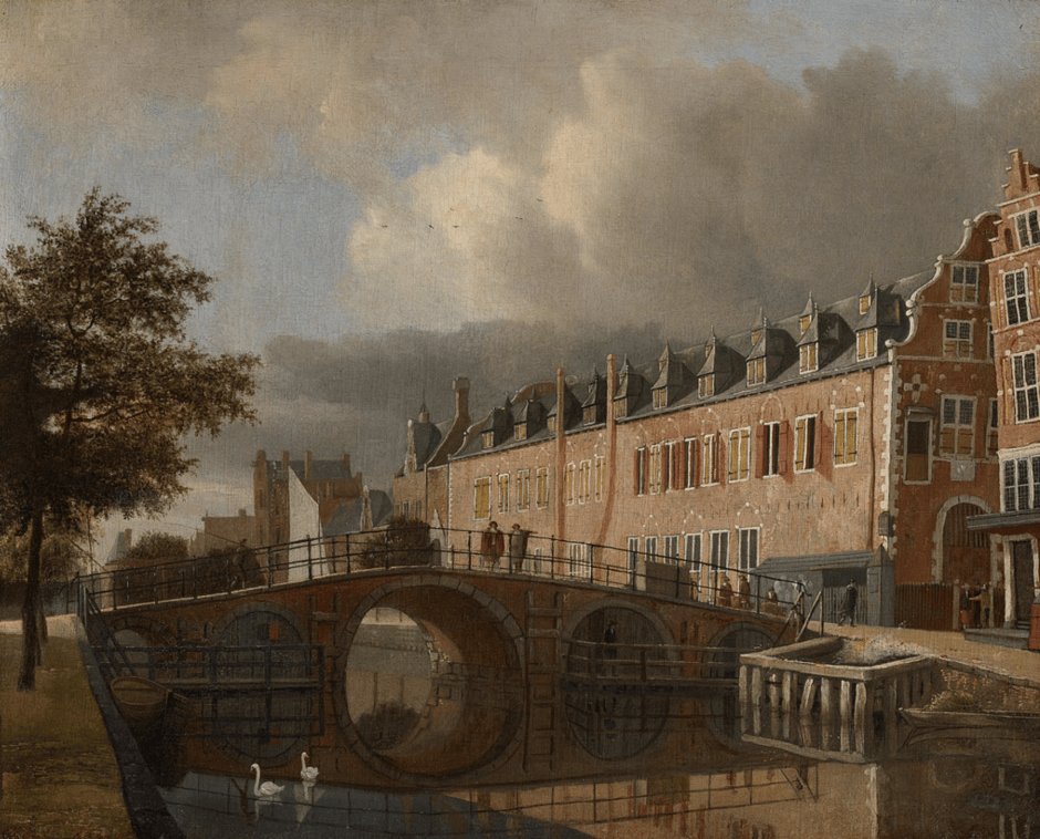 Schilderij uit 1672. Te zien: de Kloveniersburgwal met het Bushuis 